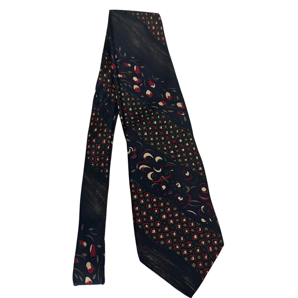 Vintage Mario Valentino Mens Silk Tie Navy Blue Red Floral Abstract Made in USA